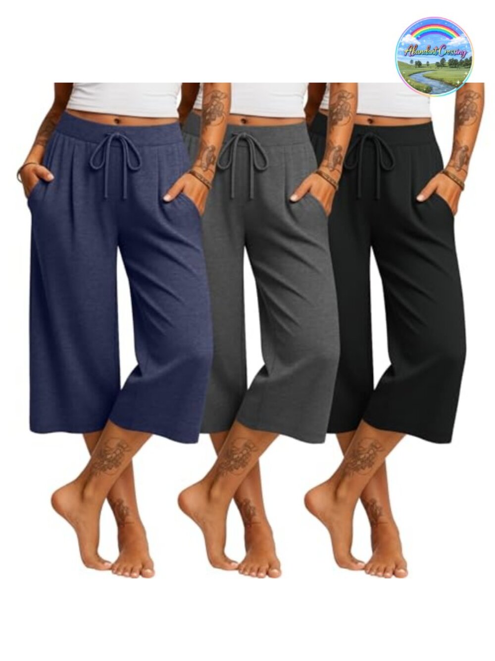 Wide Leg Capri Yoga Pants for Women 3 Pack Drawstring High Rise